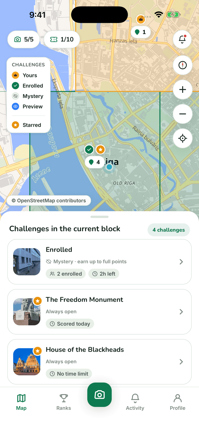 Pindela live map of Rīga showing challenges by block